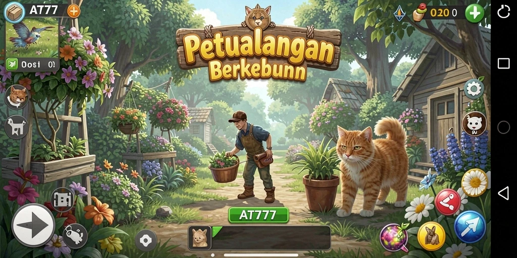 Tangkapan layar gameplay AT777 menunjukkan kebun yang rimbun dan penuh warna.