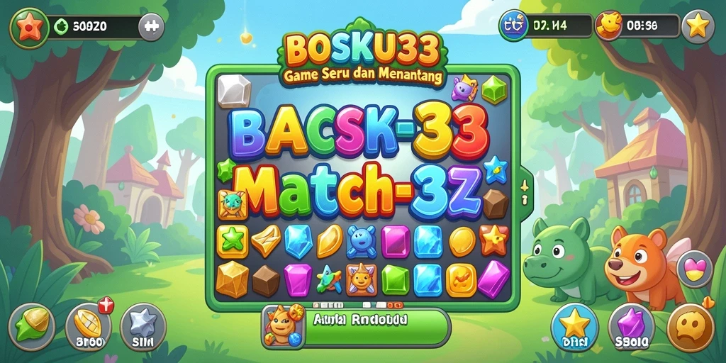 Tampilan gameplay BOSKU33 yang penuh warna dengan tantangan Match-3.