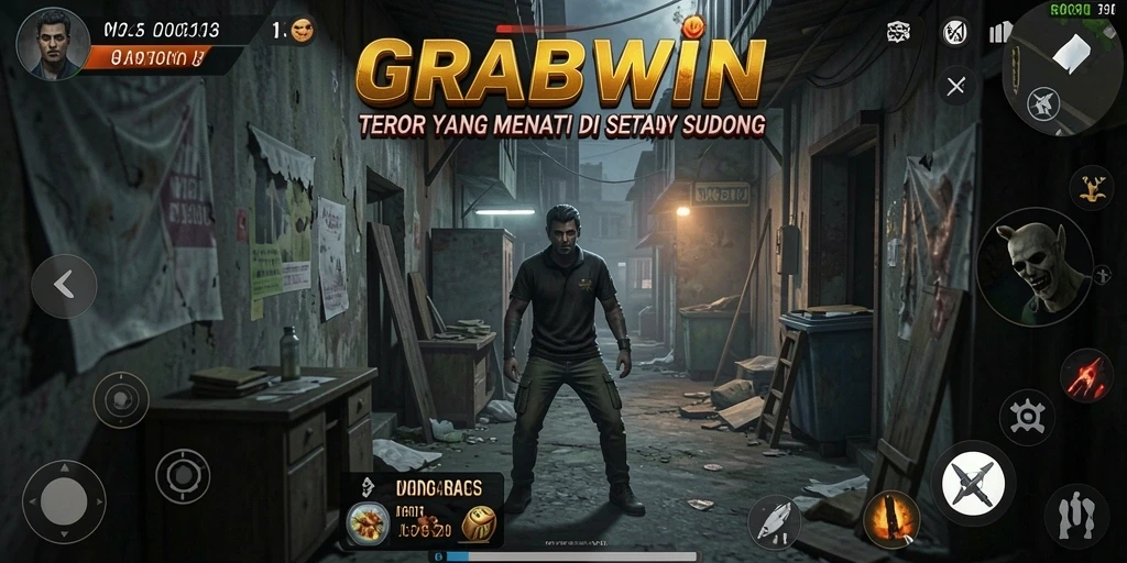Screenshot gameplay GRABWIN menampilkan suasana horor yang menegangkan.
