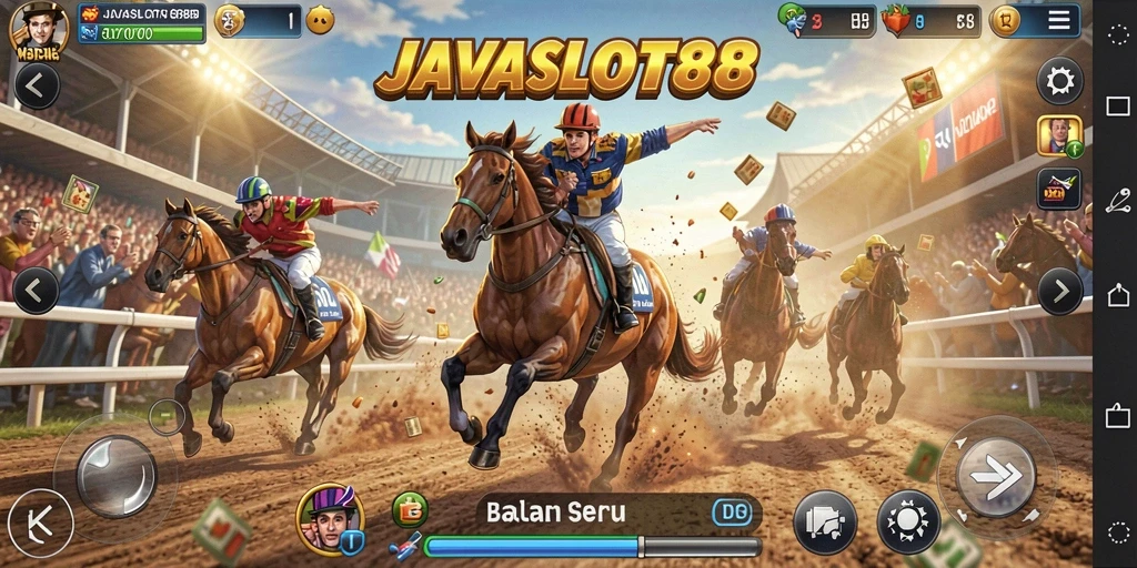Screenshot utama JAVASLOT88 menampilkan aksi balapan yang intens.