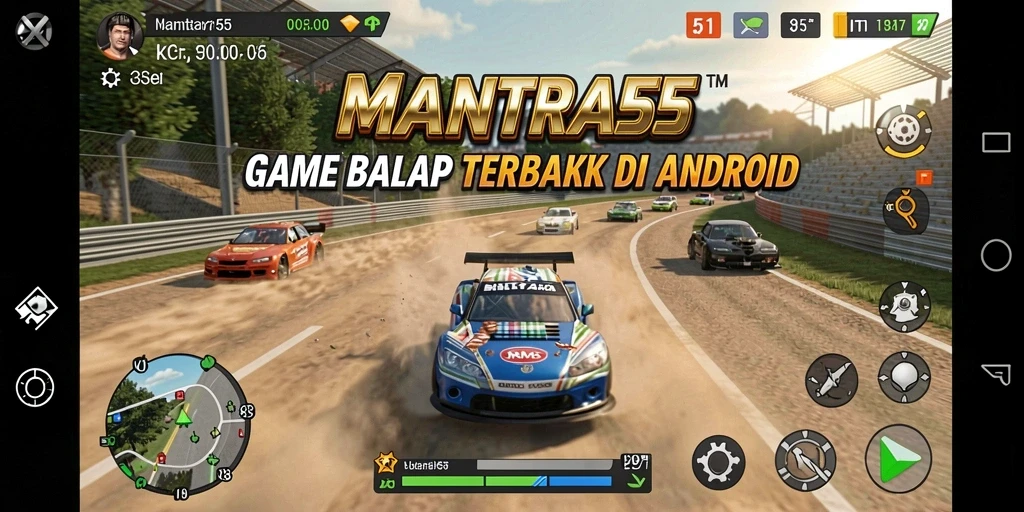 Tampilan gameplay seru dari MANTRA55 saat balapan di lintasan.