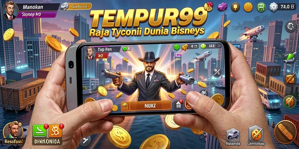 Screenshot gameplay TEMPUR99 yang menunjukkan berbagai aktivitas bisnis.