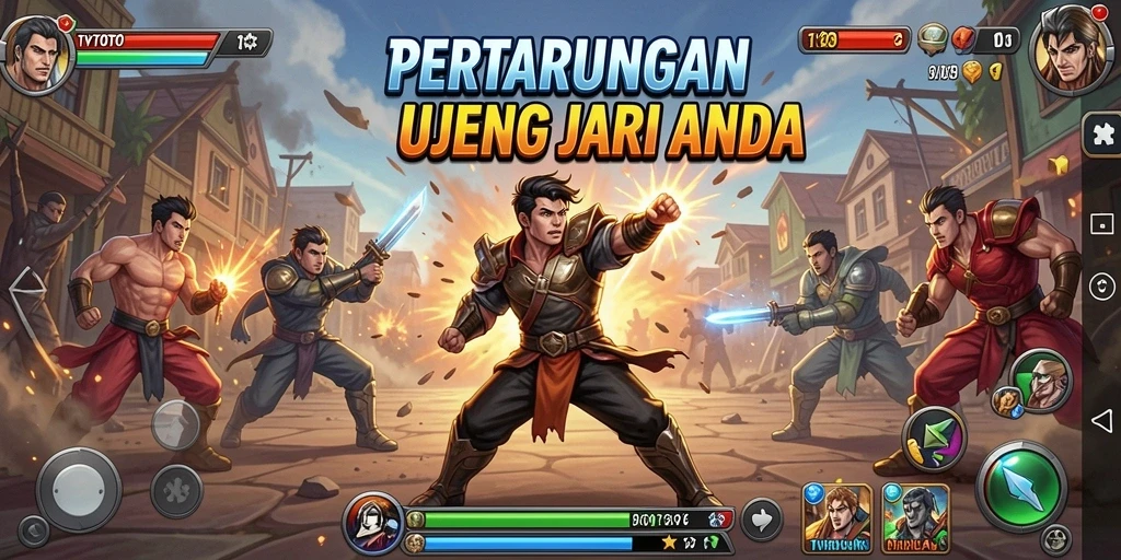 Screenshot gameplay TVTOTO menampilkan pertarungan yang seru dan karakter-karakter unik.